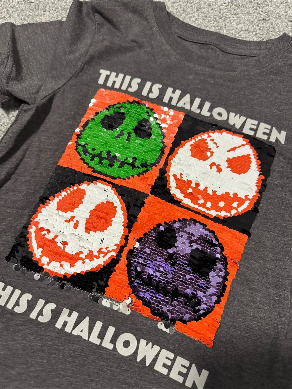 Disney Kids Halloween Sequin Tee - Gray with Orange, Green & Purple Skulls